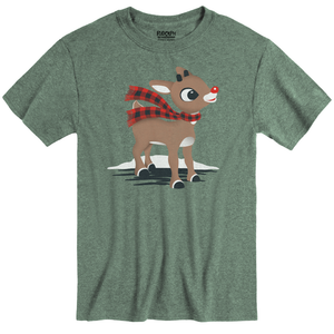 Rudolph the Red-Nosed Reindeer® Rudolph with Scarf Heather Green Adult Tee front